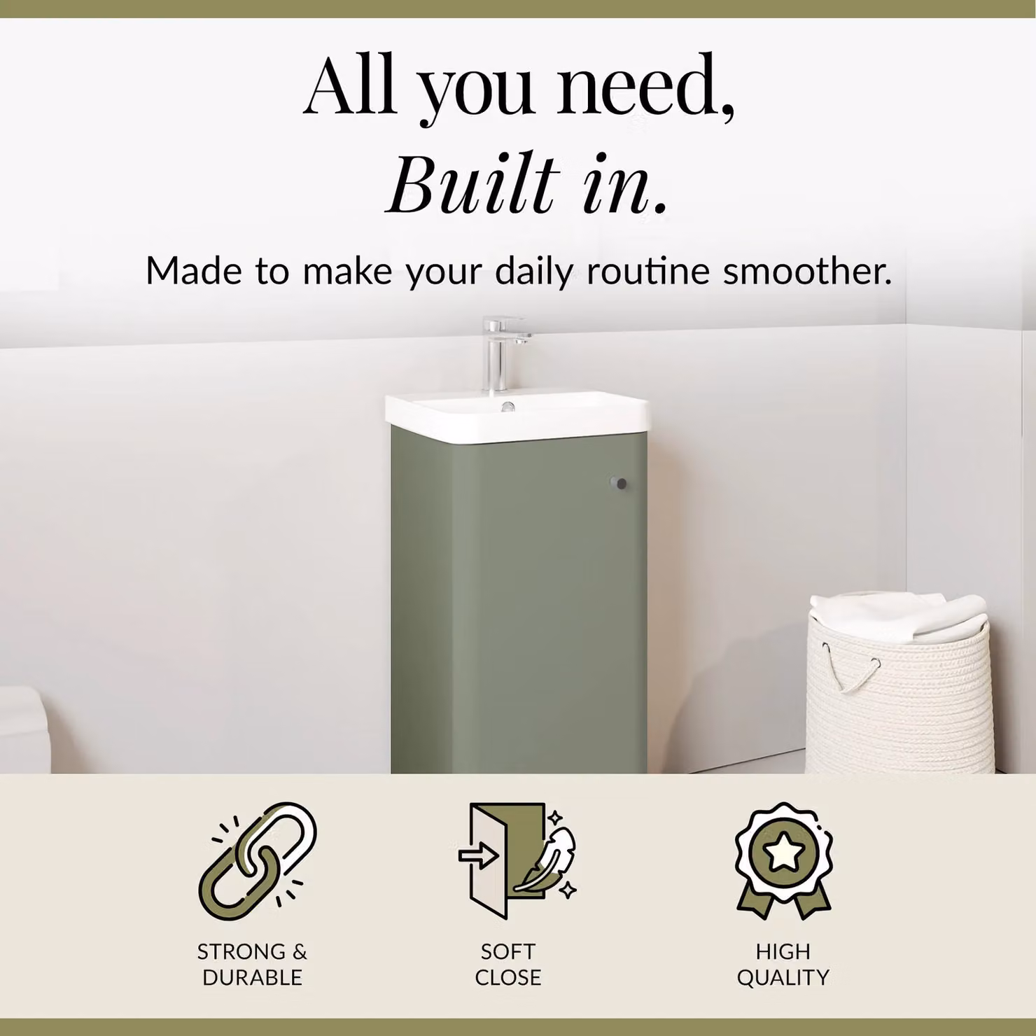 Balterley Modern Freestanding 1 Door Bathroom Floor Vanity Unit with Basin in Satin Green, W: 40.5 cm – 2