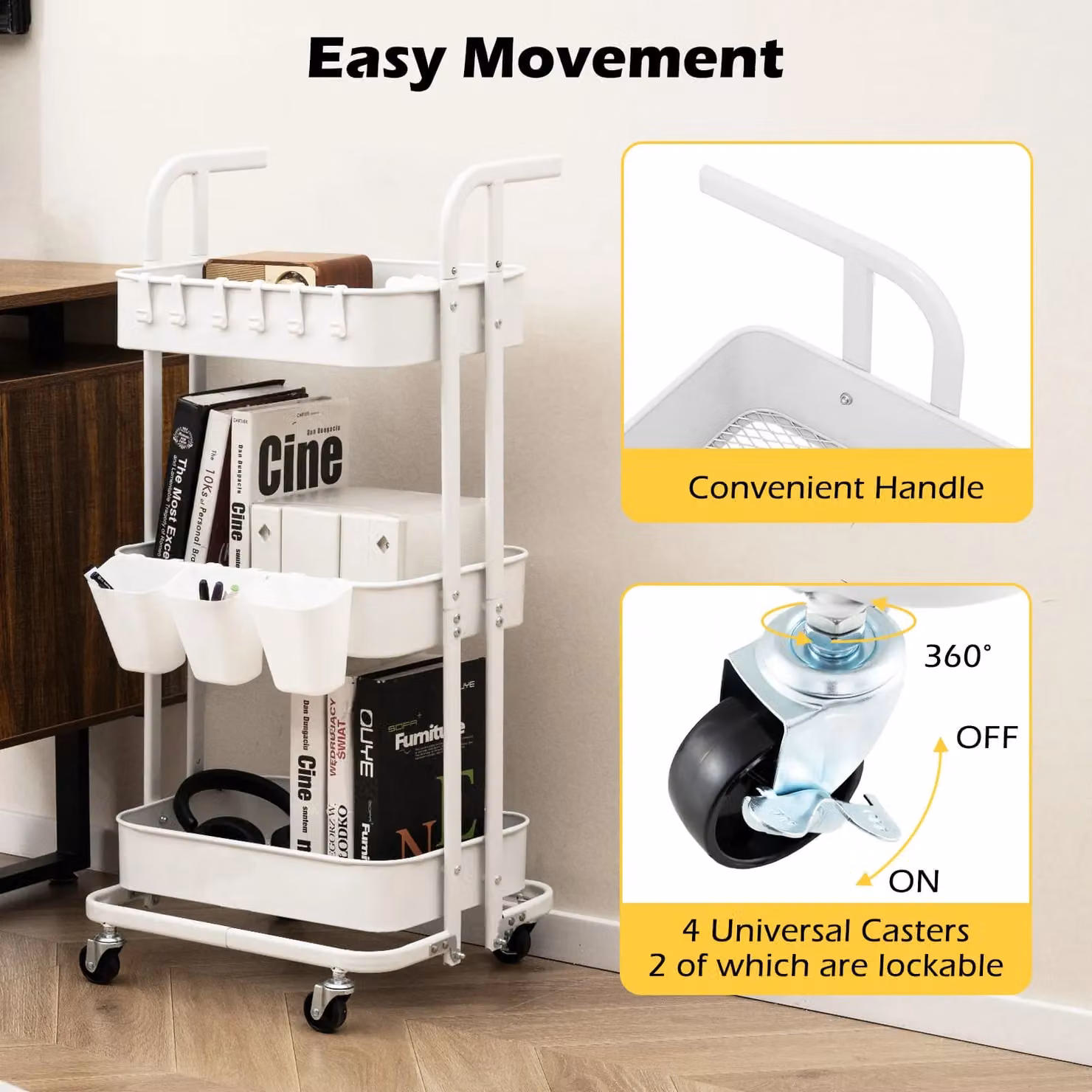 Costway 3-Tier Folding Rolling Storage Cart with 3 Hanging Cups and 6 Hooks, White – 2