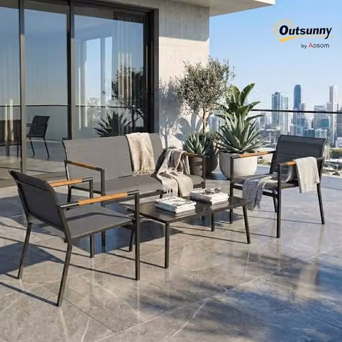 Outsunny 4 Seater Grey Polyrattan Garden Furniture Set with Outdoor 2 Seater Sofa, Lounge Armchairs and Coffee Table – 2