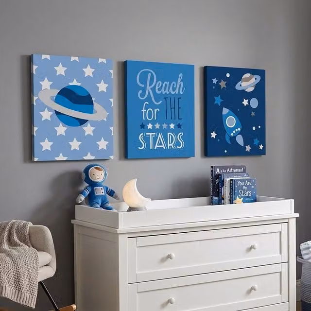 Orsina Kids Set of 3 Reach For The Stars Wall Plaques in Blue, Grey and White