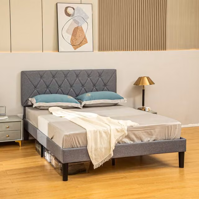 HOMCOM Linen Bed Frame with Headboard in Grey, Double (180 x 200 cm)