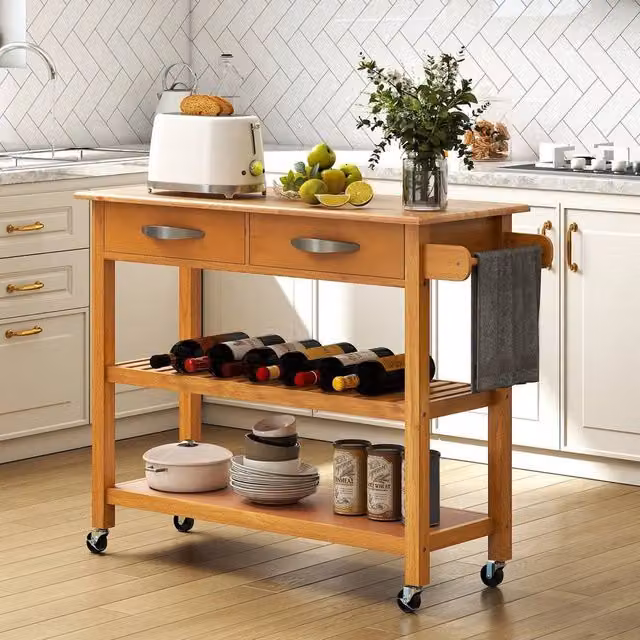 EONLION 3-Tier Rolling Kitchen Island Utility Cart in Brown Wood