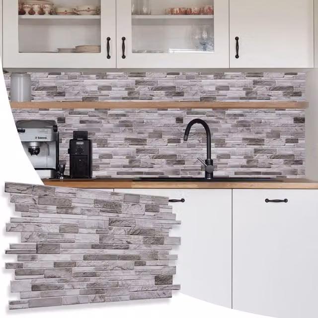 NOVECRAFTO Brick Effect 3D PVC Wall Panels, Light Grey, W: 96 cm, H: 48 cm