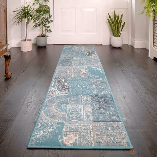 The Rug House Blue Patchwork Boho Living Room Rug W: 240 cm, D: 60 cm