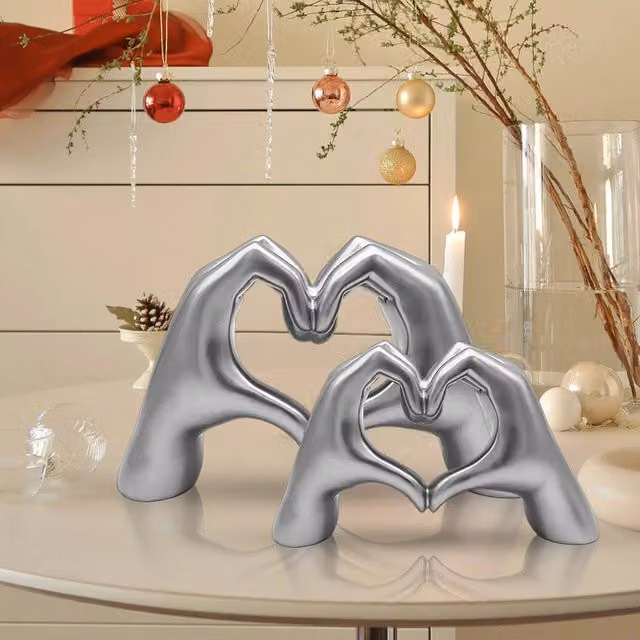 Huhote Modern Heart Hands Sculpture Set of 2 in Silver