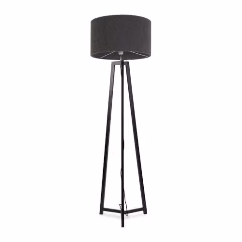 ValueLights Black Wood Tripod Floor Lamp with Charcoal Grey Boucle Drum Lampshade and Included LED Bulb