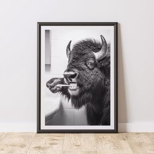 60 Second Makeover Bison Brushing Teeth Animal Print Paper Poster, A3