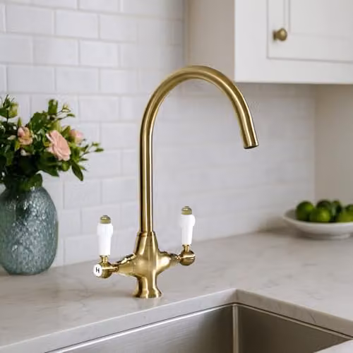 Nes Home Traditional Twin Lever Kitchen Mixer Tap in Brushed Brass