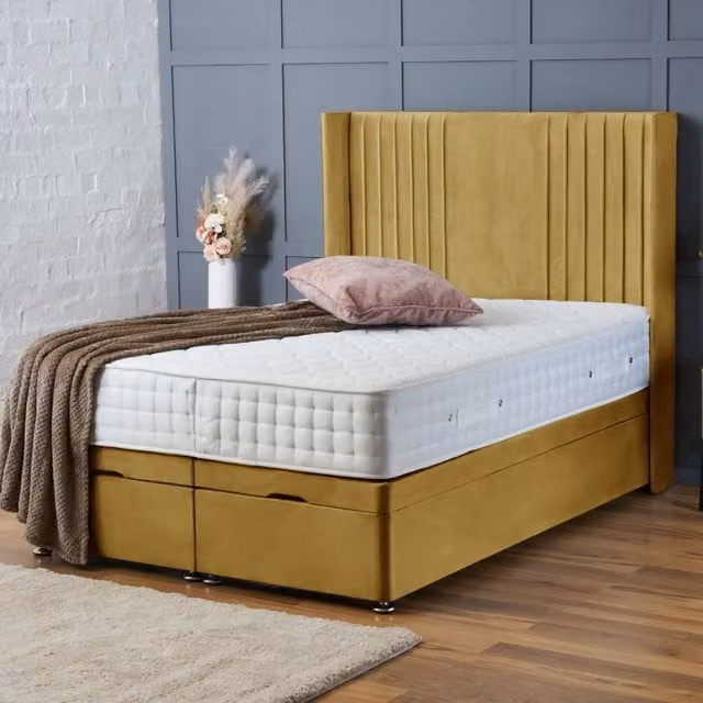 BSSPOKE Charlotte Ottoman Divan Bed in Mustard Yellow Plush Velvet with 54 inch Headboard, Super King, W/D/H: 200 x 200 cm