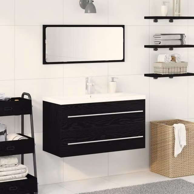 Berkfield Home Bathroom Sink Cabinet with Built-in Basin in Black Oak, W/D/H: 76.7 x 38.5 x 38.5 cm – 1