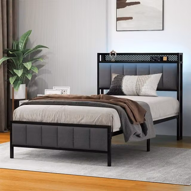 Levede Single Upholstered Bed Frame with LED Under-Bed Lighting and USB Charging Port in Grey, W/D/H: 90 x 190 x 100.2 cm