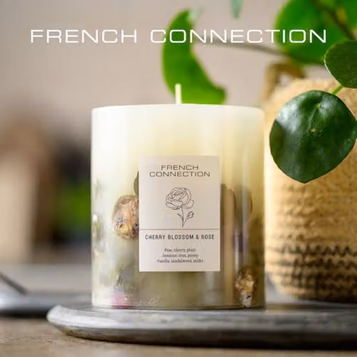 French Connection Cherry Blossom and Rose Scented Botanical Pillar Candle, 660g – 2