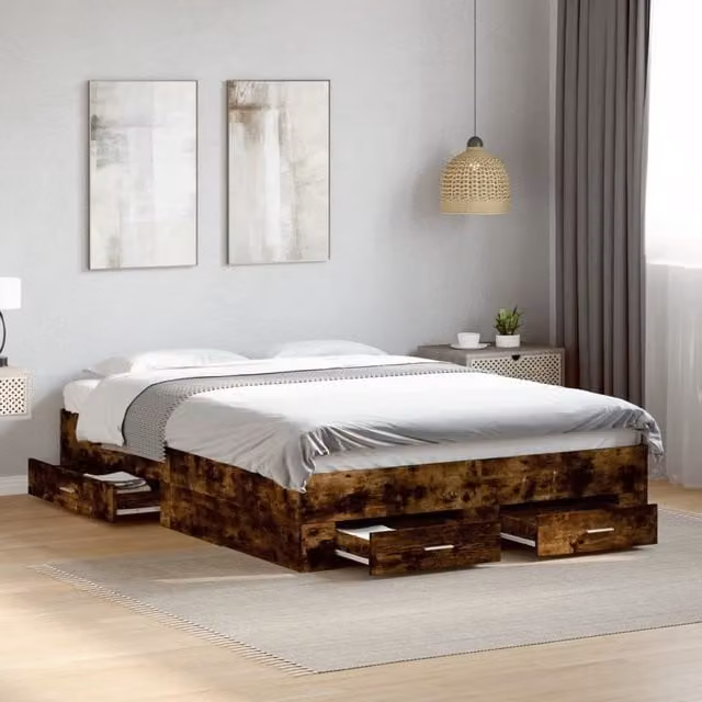 Berkfield Home Small Double Bed Frame with Drawers in Smoked Oak Brown, W/D/H: 120 x 190 cm – 1