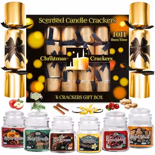 KreativeKraft Luxury Christmas Crackers, Pack of 6 Gold Glass and Multicolour Festive Party Crackers with Mini Scented Candles