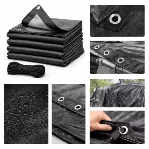 SolaDirect Heavy Duty Black Waterproof Tarpaulin with Bungee Rope, 5 x 5 m, 235 GSM – 7