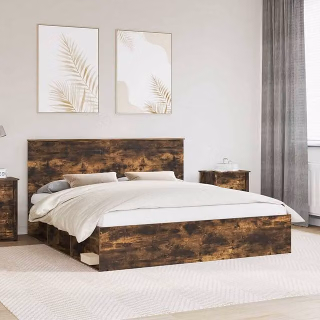 Berkfield Home Smoked Oak Bed Frame in Brown, Solid Pine and MDF Wood, W/D/H: 180 x 200 cm