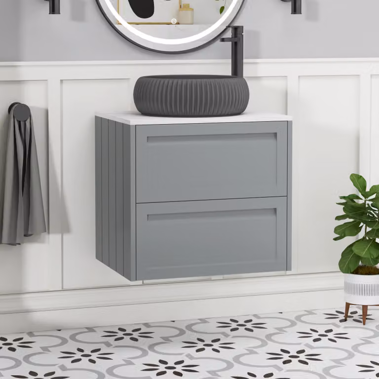 Royal Bathrooms Elmore 600mm Matt Pebble Grey Wall Hung 2 Drawer Vanity Unit with Milan Black Basin