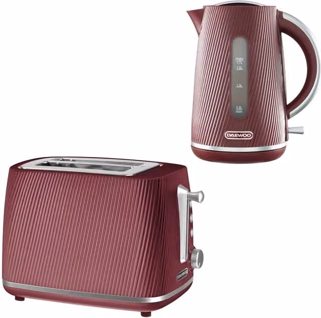 Daewoo Cascade Red 2-Slice Toaster and 1.7L Fast-Boil Kettle Set – 1