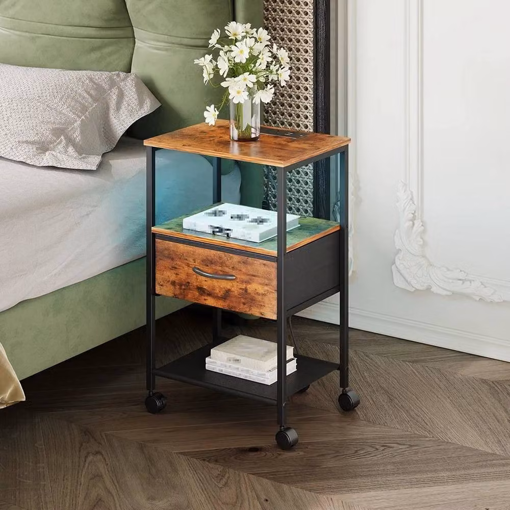 Kelvenix Brown Bedside Table Cabinet with Integrated LED Lighting and Charging Station – 3