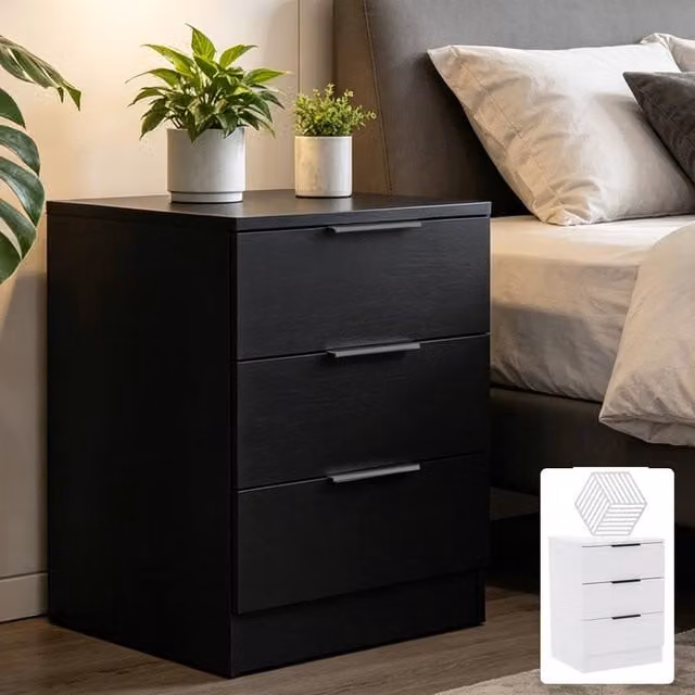 FORGEVIO Black Modern Bedside Chest of Drawers for Bedroom Storage