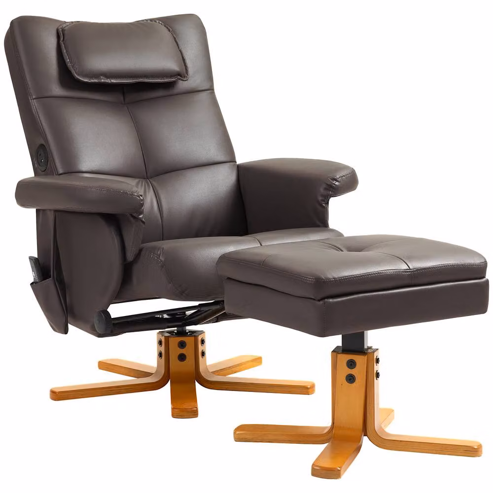 STILVORA Brown Synthetic Leather Motorised Recliner Chair with Ottoman and Armrests – 3