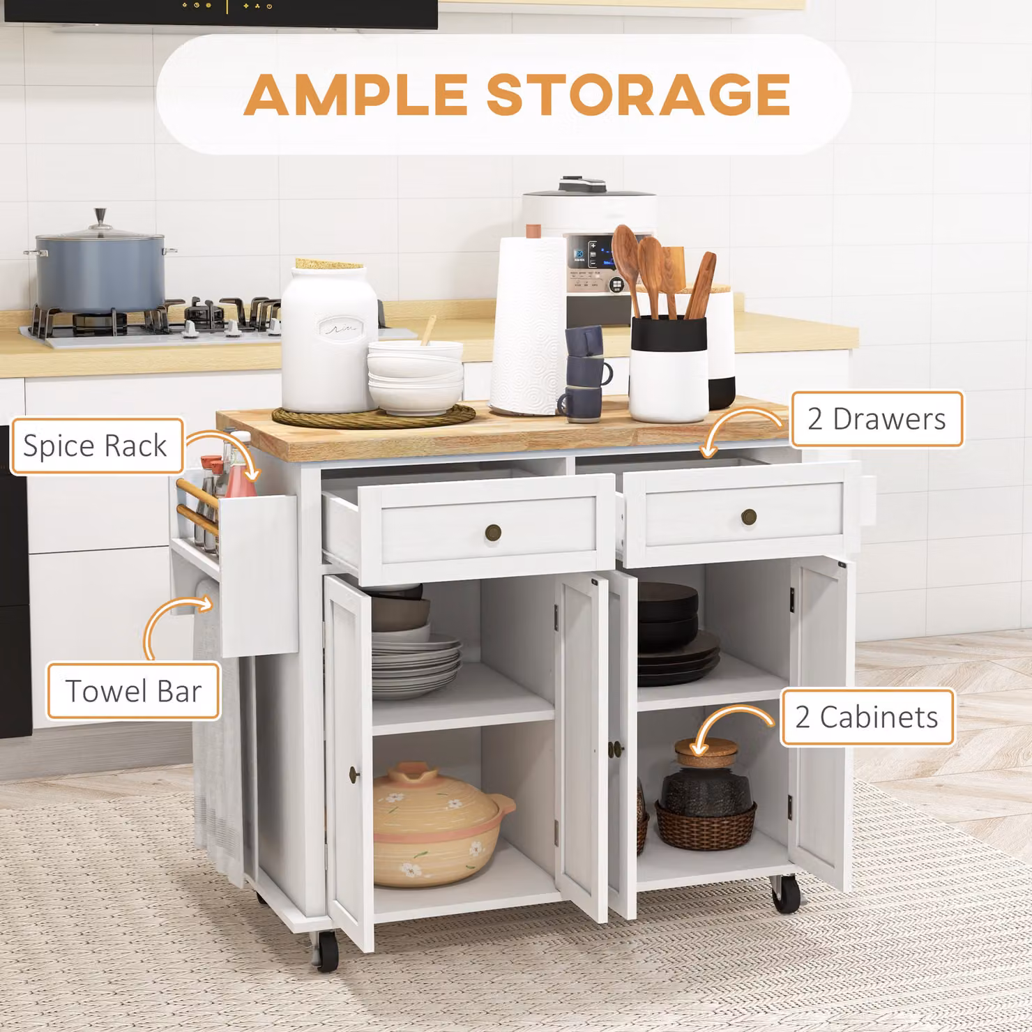 HOMCOM Rolling Kitchen Island Storage Trolley with Rubberwood Top and Drawers, White – 2