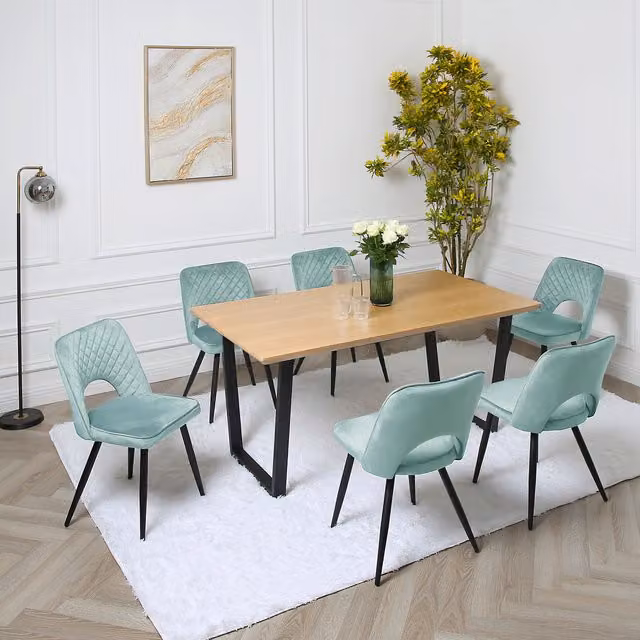 Home Garden Direct Provence Dining Set with Oak Veneer Rectangular Table and 6 Petrol Chairs
