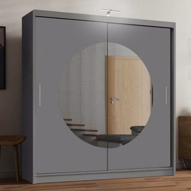 Sliding Wardrobes 4U Circle Mirror Sliding Door Wardrobe with LED Light in Grey, W/H: 203 x 217 cm