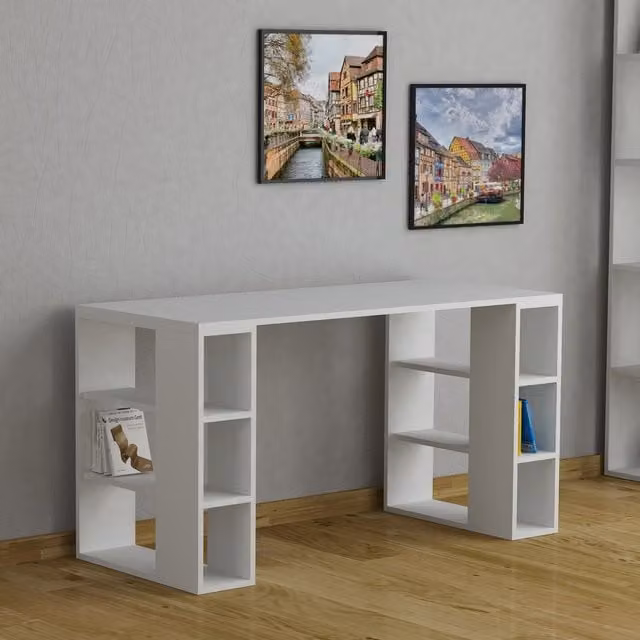 Decortie Colmar Modern Computer Desk with Bookshelf Legs in White