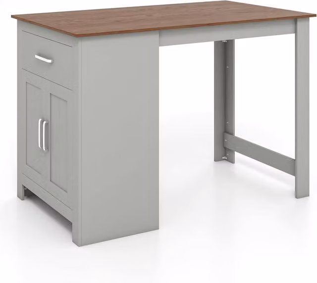Costway Rectangular Counter Height Pub Dining Table with 1 Drawer and Doors in Grey