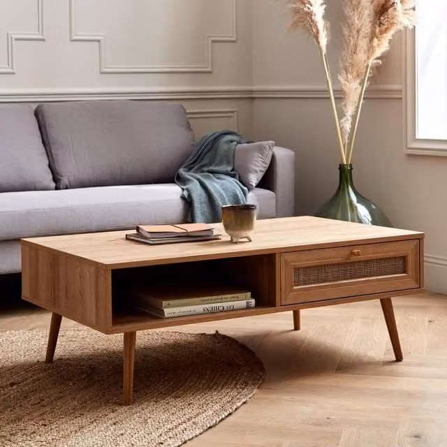 sweeek Boho Wood and Cane Effect Coffee Table in Brown