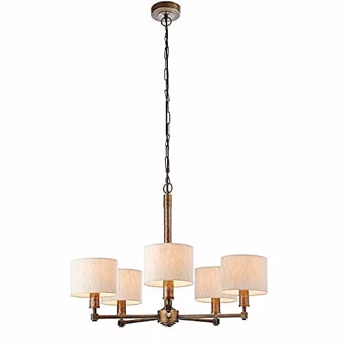 Netlighting Indara 5 Light Multi Arm Suspended Pendant in Aged Hammered Bronze with Beige Fabric Shades