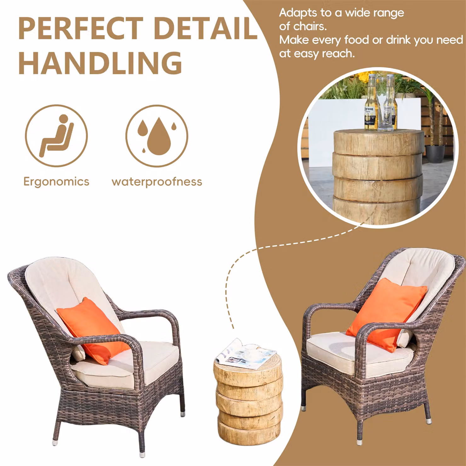 Direct Wicker 3-Piece Outdoor Garden Bistro Set with Rattan Chairs and White Concrete Side Table in Natural and Brown – 3