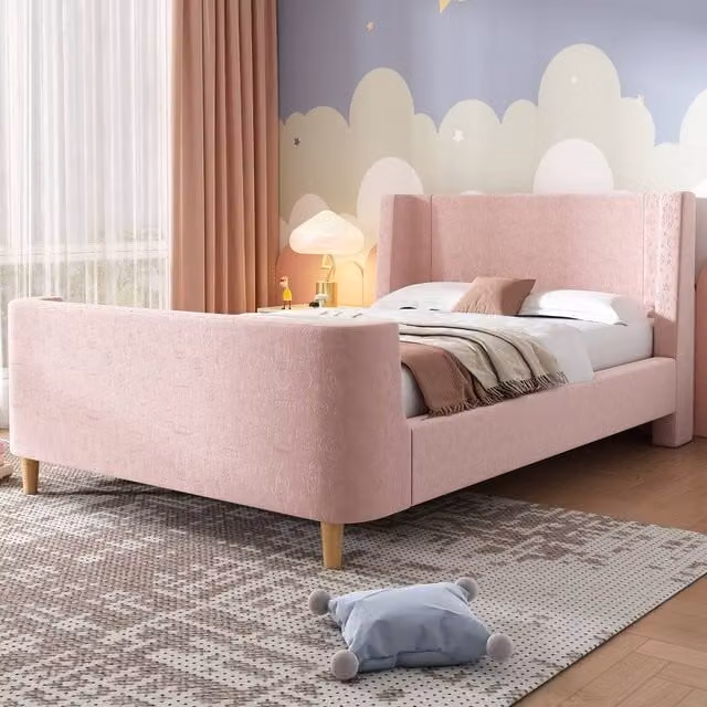 Merax Single Upholstered Velvet Kids Bed Frame in Pink, W/D/H: 90 x 190 x 150 cm – 1