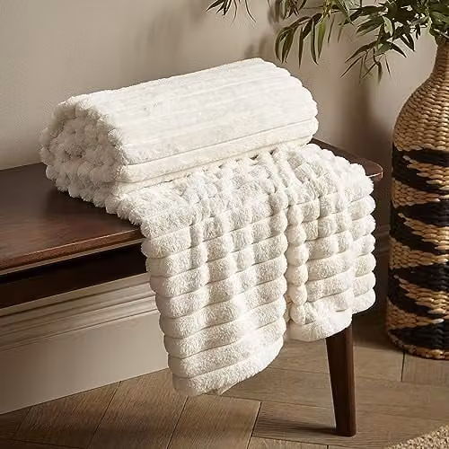 Catherine Lansfield Cosy Ribbed Faux Fur Throw Blanket, Cream, W: 130 cm, L: 170 cm