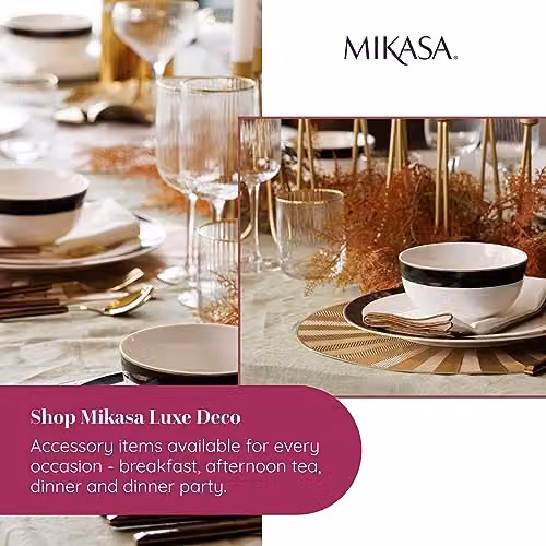 Mikasa Luxe Deco 4pc Bone China Cereal Bowl Set in White, Black and Gold with Geometric Design, Diameter: 14 cm – 6