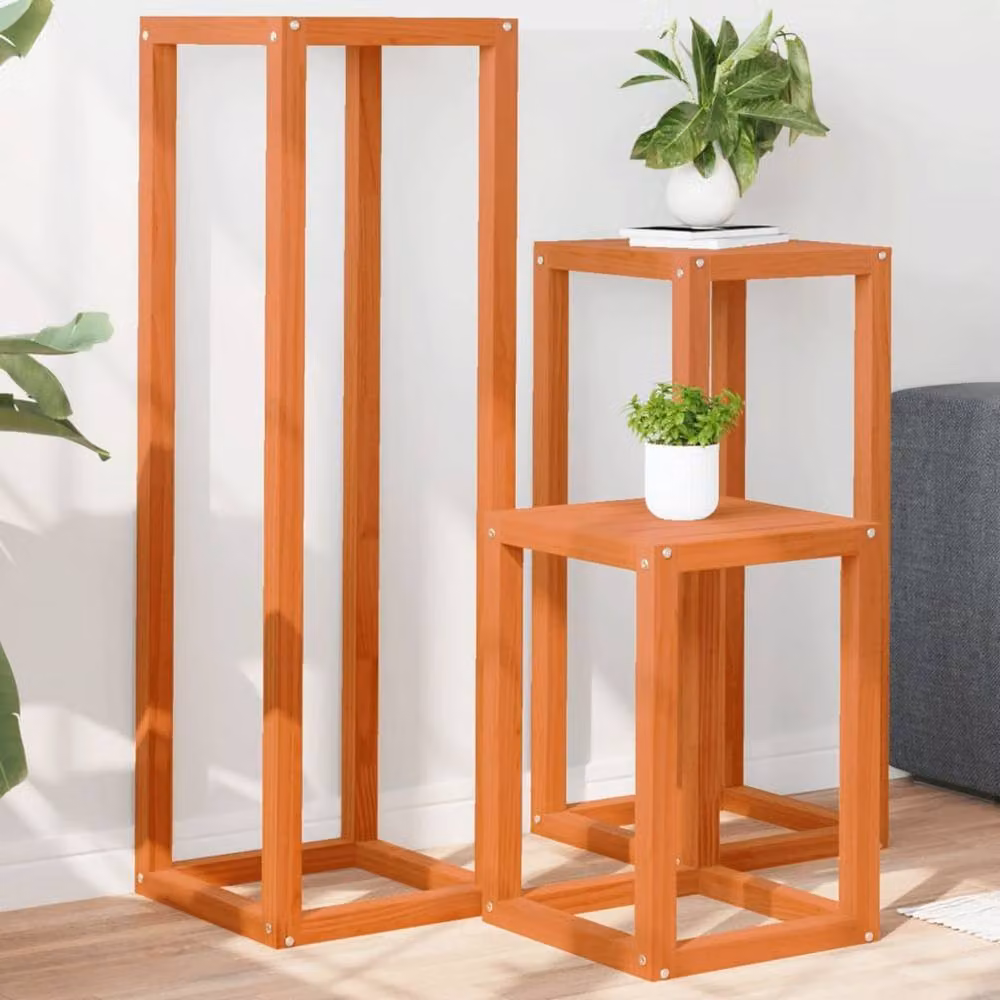 Berkfield Home Set of 3 Rustic Waxed Brown Solid Pine Wood Plant Stands – 2