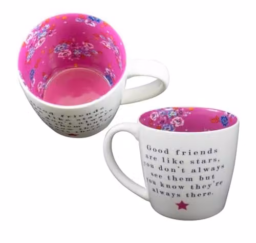Two Up Two Down Friends Are Like Stars Ceramic Mug in White with Pink Floral Interior