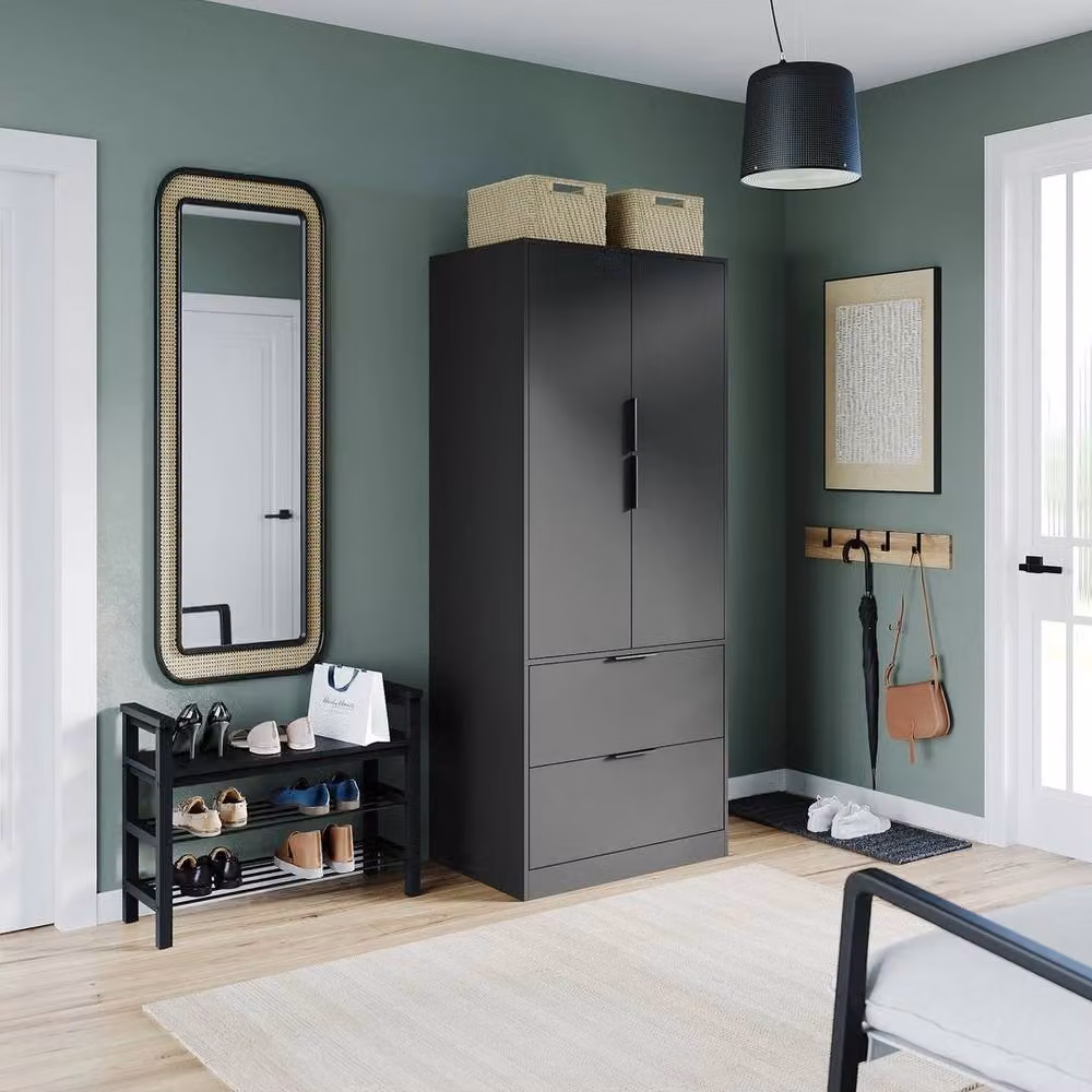 KORVIXA Black Minimalist Bedroom Wardrobe with 2 Doors and 2 Drawers, H 180 cm x W 100 cm x D 60 cm – 2