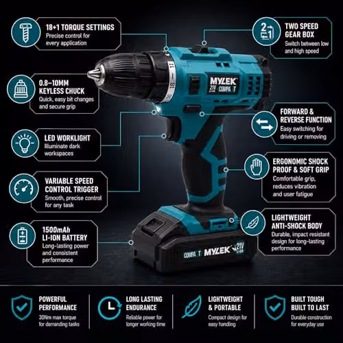 MYLEK 21V Cordless Drill Driver Set with 29-Piece Accessory Kit and Carry Case, Blue and Black – 3