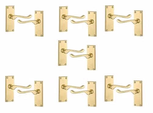 Golden Grace Victorian Scroll Latch Door Handles in Polished Brass, 7 Sets