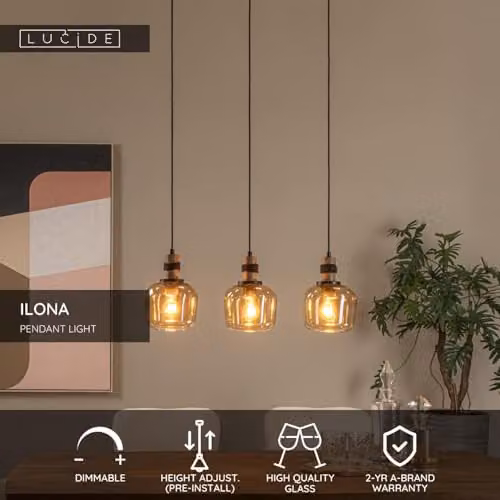 Lucide Ilona Amber Glass Pendant Light with 3 x E27 Sockets – 2