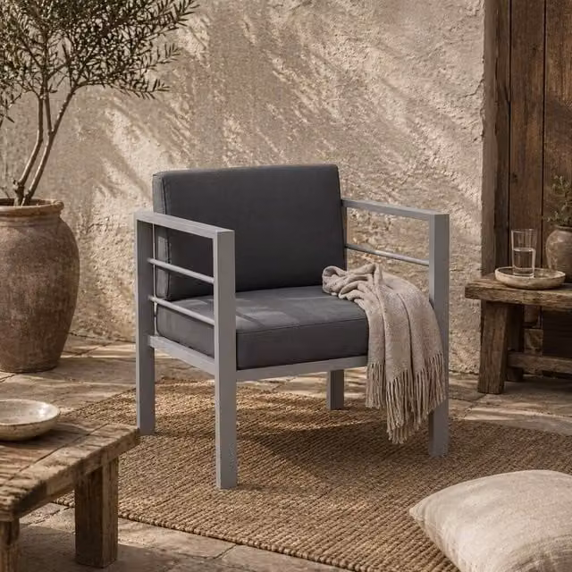 Wyld Haus Movitte Single Outdoor Garden Sofa in Charcoal Grey with UV-Resistant Polyester Cushions and Powder-Coated Aluminium Frame – 1