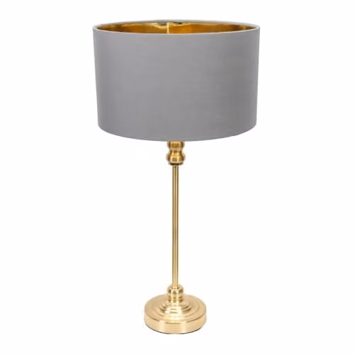 ValueLights Maggie Gold Metal Candlestick Table Lamp with Grey and Gold Fabric Drum Shade