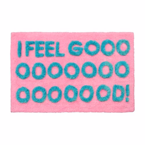 Mooky Mats I Feel Good Slogan Bath Mat in Turquoise and Pink, W: 50 cm, D: 80 cm
