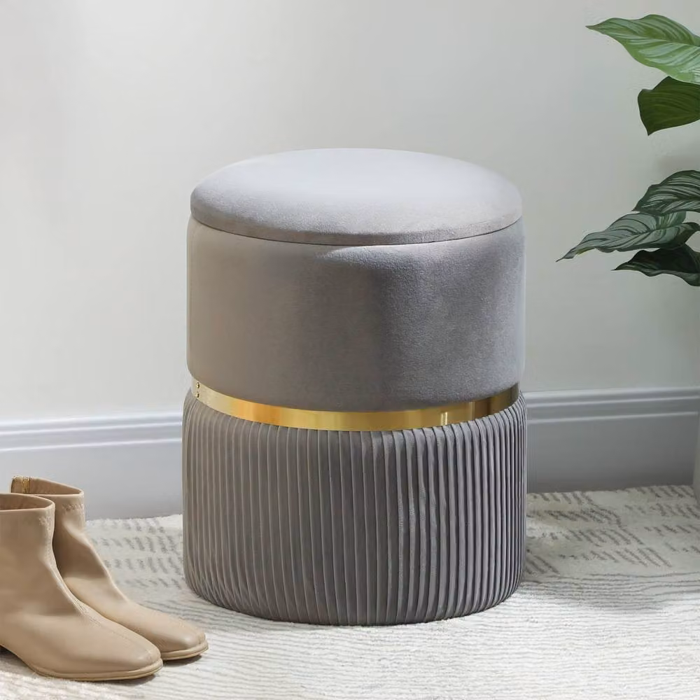 Wyld Haus Rivera Ribbed Velvet Storage Ottoman in Light Grey with Gold Accents – 3
