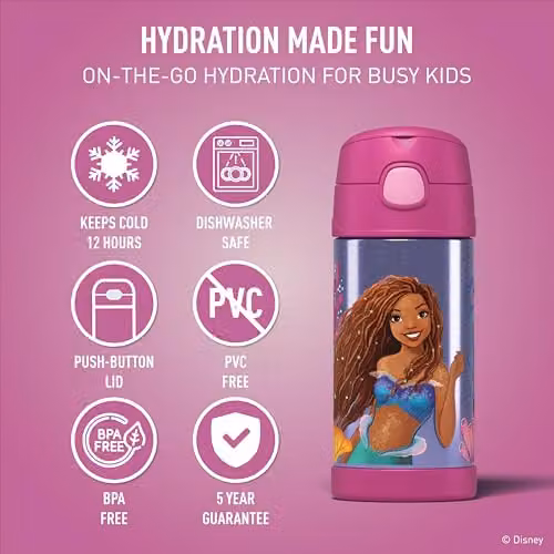 Thermos Disney The Little Mermaid Kids Vacuum Insulated Stainless Steel Drinks Bottle with Straw, 355ml, Multicolour – 3