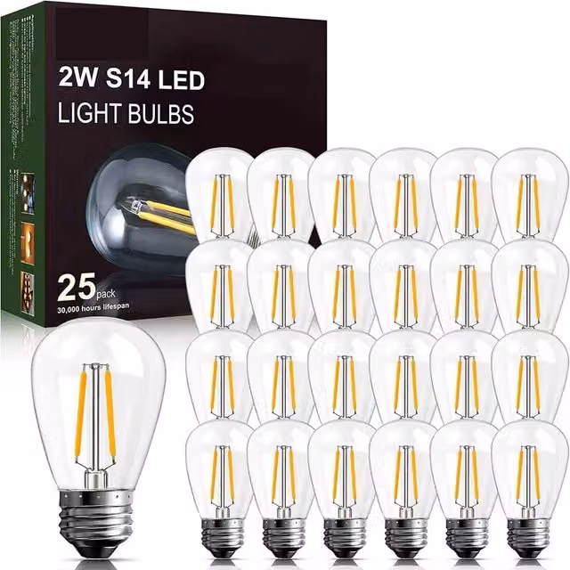 VOGREX 25 Pack Transparent LED E27 Replacement Bulbs for Festoon String Lights