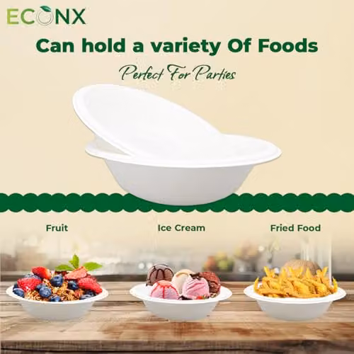ECONX 50 Pack Biodegradable Bagasse Bowls, 360ml, White Sugarcane Disposable Bowls – 2