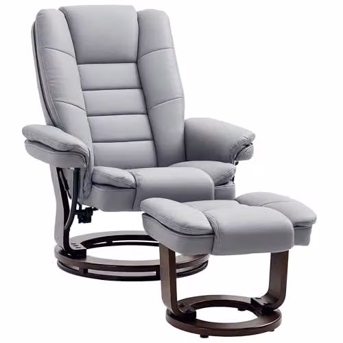HOMCOM Grey Recliner Chair with Matching Footstool, 135 Degree Swivel Relax Chair in Synthetic Leather – 1